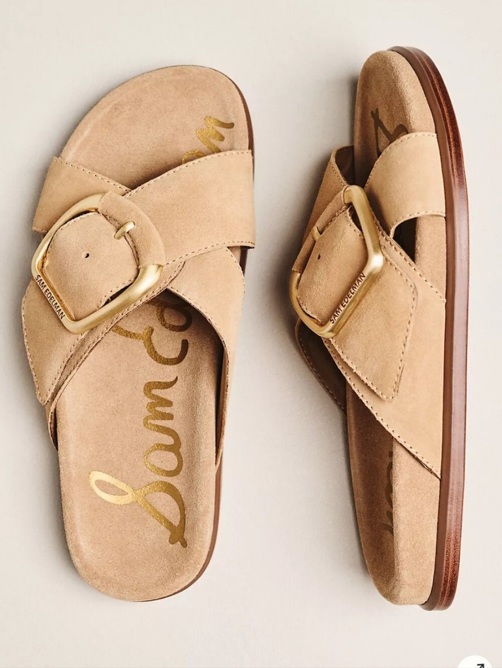 Sam Edelman Tan Suede Buckle Crossband Slides